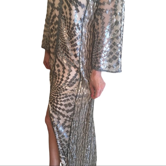 Anna Sui x BHLDN Cyrene Sm Silver Black Tan Sequin Geometric Kaftan Maxi Kimono - Picture 15 of 16